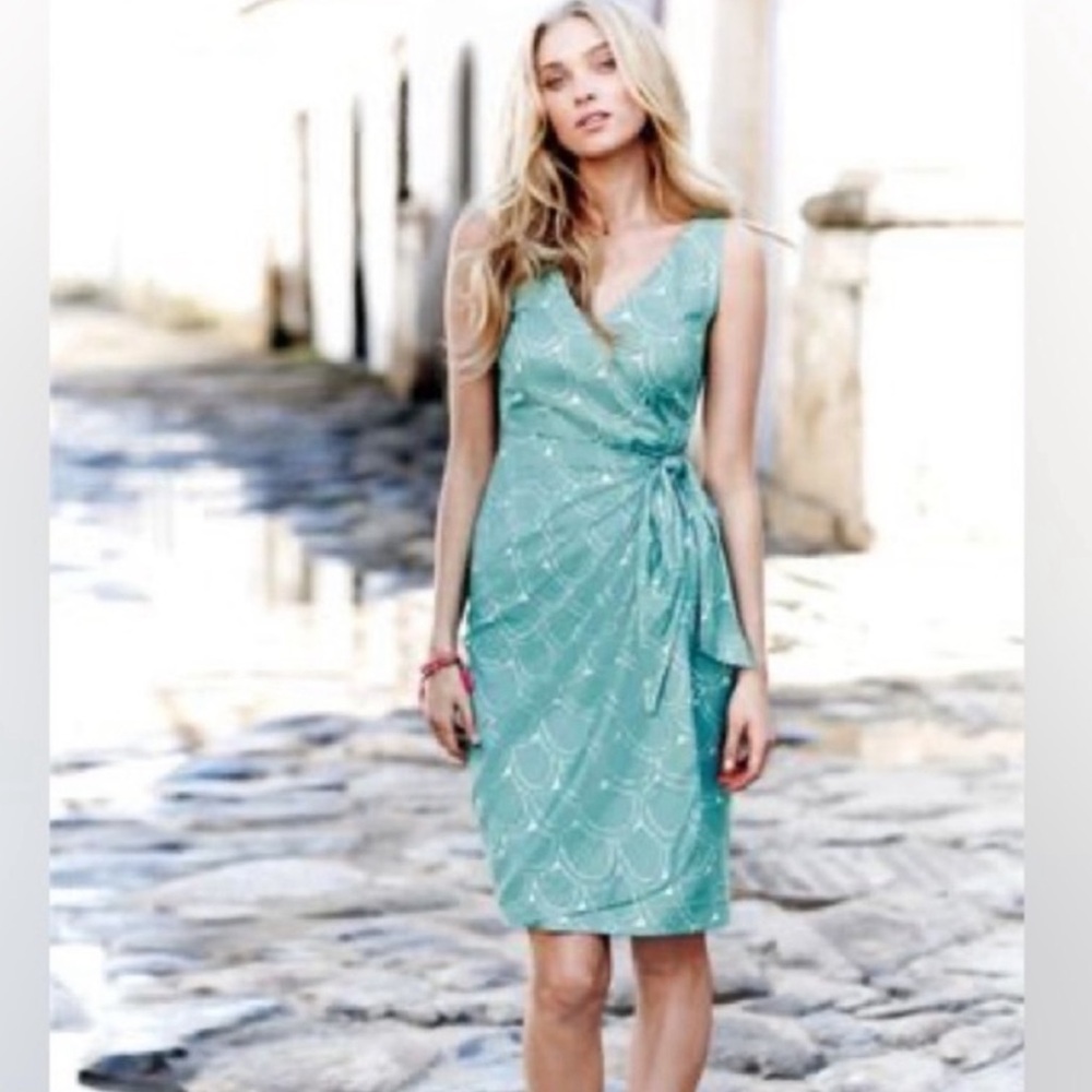 Boden NEW Portofino Dress Aqua Blue White 10L Linen Blend Brunch ResortWear